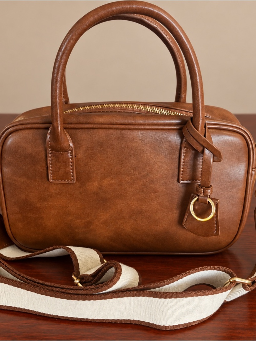 Universal Thread Brown Barrel Satchel with Striped Strap